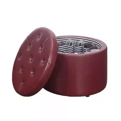 Red Faux Leather Round Shoe Storage Ottoman