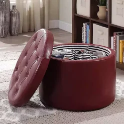 Red Faux Leather Round Shoe Storage Ottoman