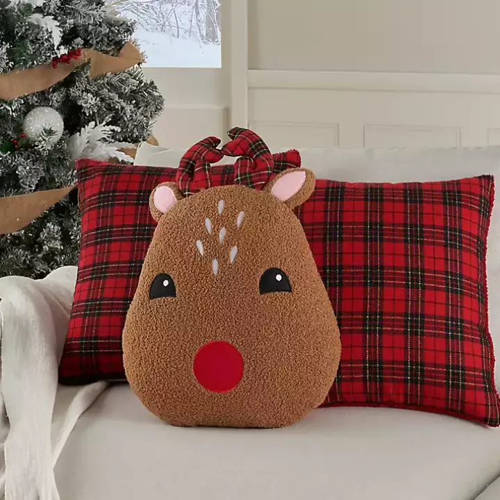 Red Plaid and Reindeer Pillows, Set of 3