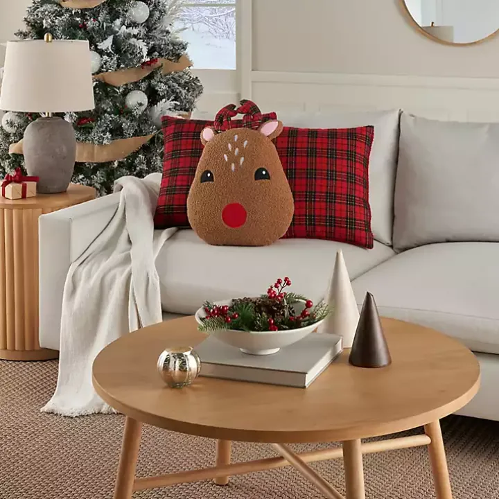 Red Plaid and Reindeer Pillows, Set of 3