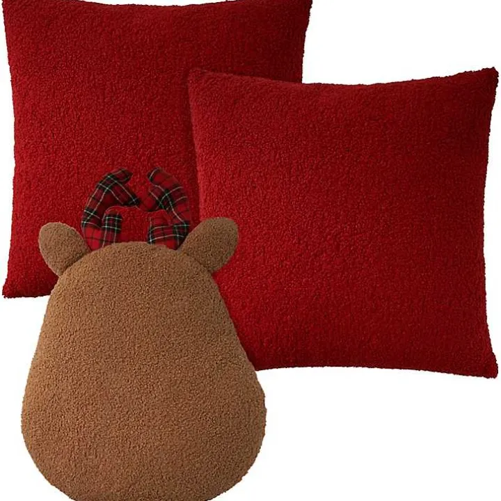 Red Plaid and Reindeer Pillows, Set of 3
