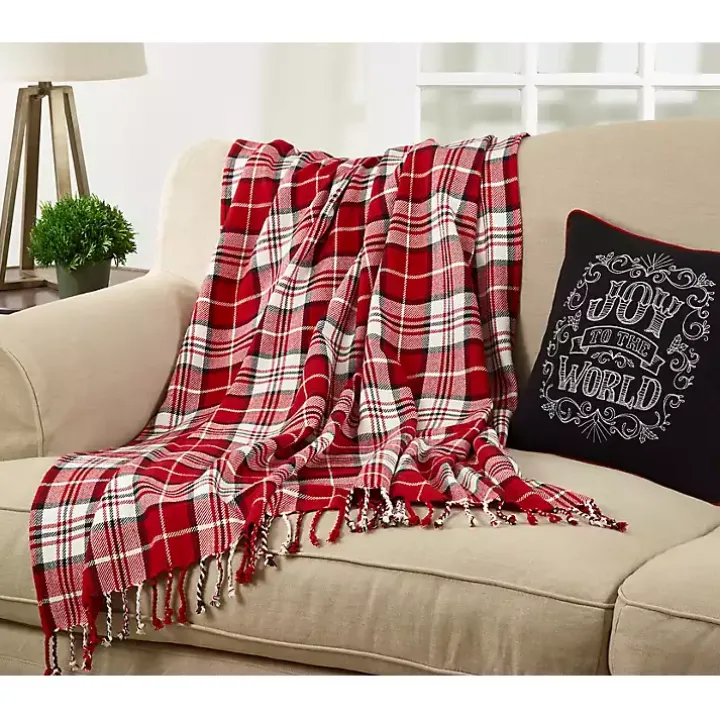 Red Plaid Cotton Throw with Tassels