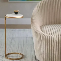 Round Aged Gold and Marble Accent Table