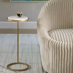 Round Aged Gold and Marble Accent Table