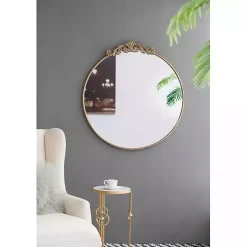 Round Antique Gold Floral Scroll Mirror, 39 in.