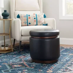 Round Black Faux Leather Storage Ottoman