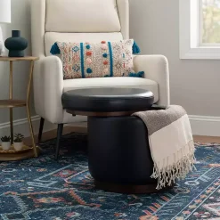 Round Black Faux Leather Storage Ottoman