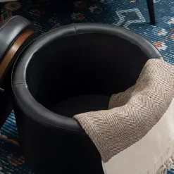 Round Black Faux Leather Storage Ottoman