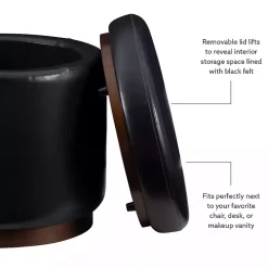 Round Black Faux Leather Storage Ottoman