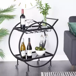 Round Black Metal and Glass 2-Ter Bar Cart