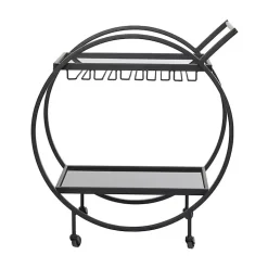 Round Black Metal and Glass 2-Ter Bar Cart
