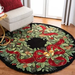Round Black Vintage Poster Hooked Accent Rug