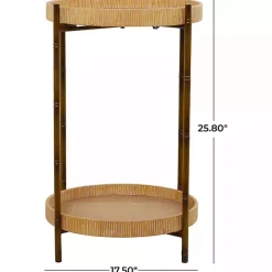Round Brown Rattan 2-Tier Side Table