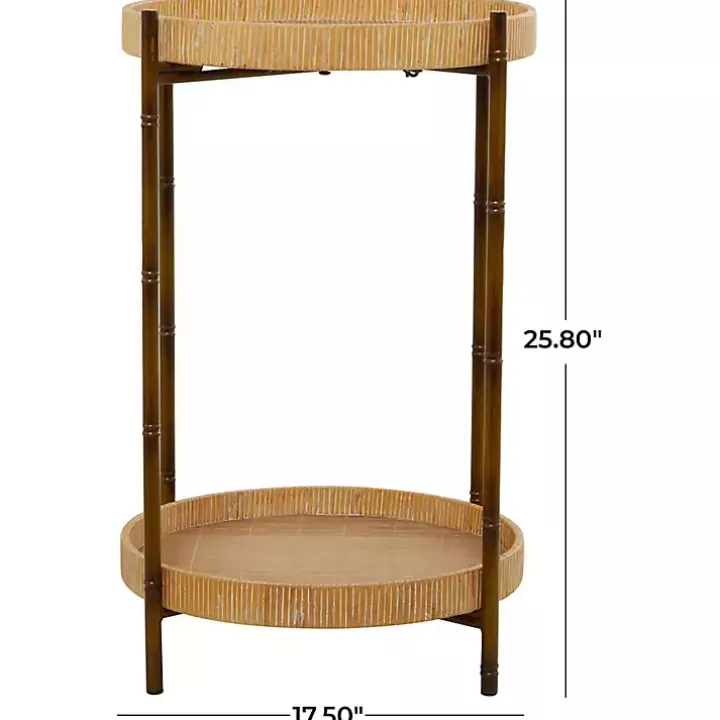 Round Brown Rattan 2-Tier Side Table