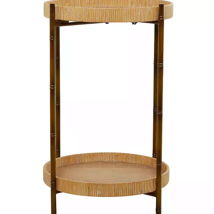 Round Brown Rattan 2-Tier Side Table