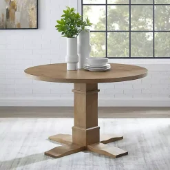 Round Brown Wood Pedestal Base Dining Table
