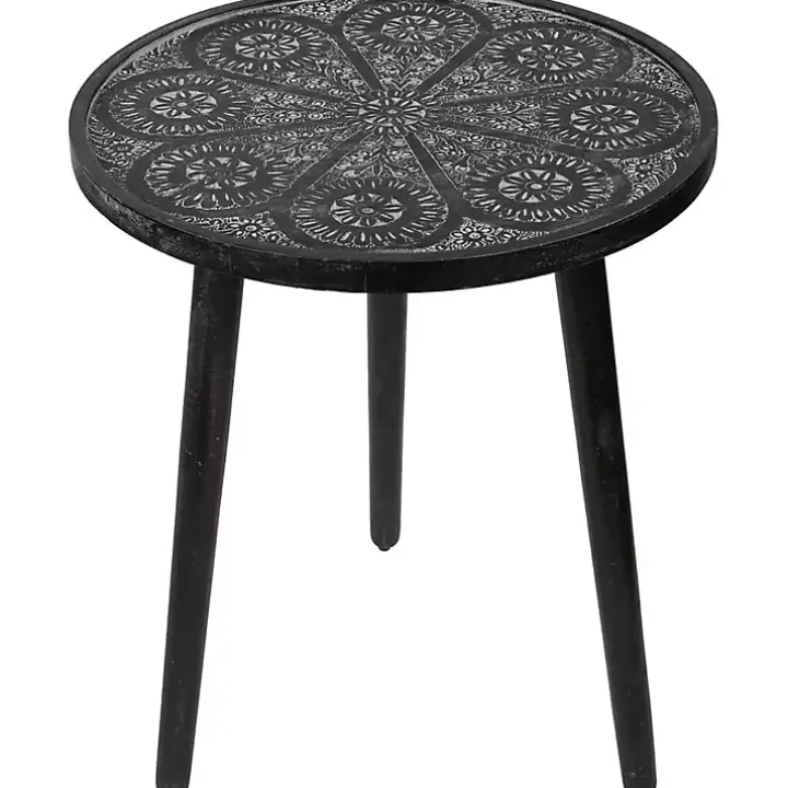 Round Charcoal Floral Engraved Accent Table