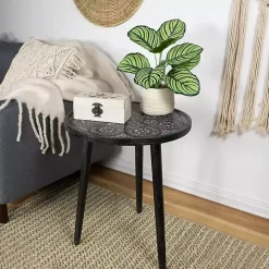 Round Charcoal Floral Engraved Accent Table