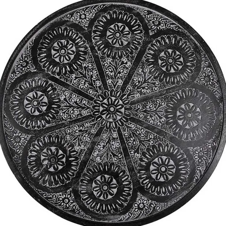 Round Charcoal Floral Engraved Accent Table