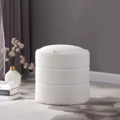 Round Cream Boucle Storage Ottoman