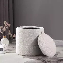 Round Cream Boucle Storage Ottoman