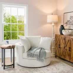 Round Cream Boucle Swivel Accent Chair