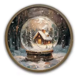 Round Forest Cabin Snow Globe Framed Art Print