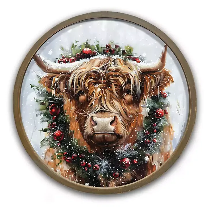 Round Highland Cow Christmas Framed Art Print