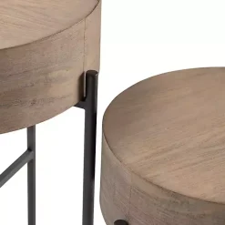 Round Light Wood and Metal Accent Tables, Set of 2