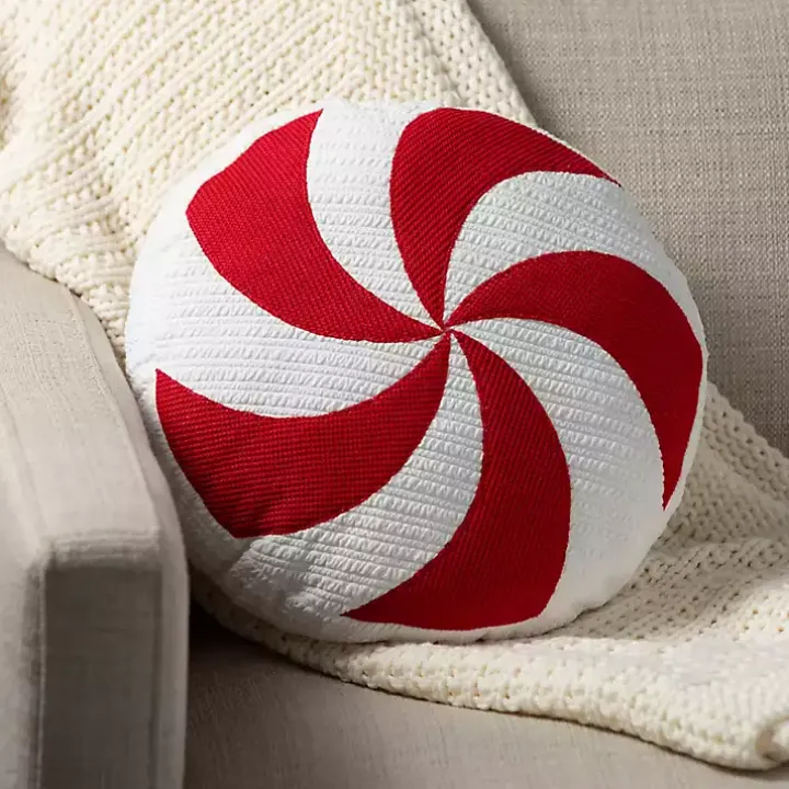 Round Peppermint Candy Christmas Pillow