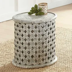 Round White Wood Lattice Accent Table