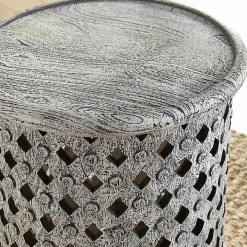 Round White Wood Lattice Accent Table