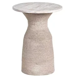 Round Whitewashed Wood and Rope Accent Table