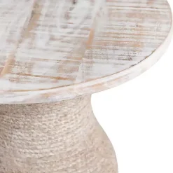 Round Whitewashed Wood and Rope Accent Table
