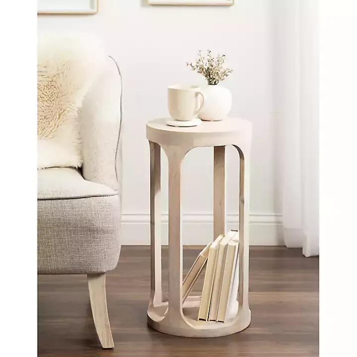 Round Whitewashed Wood Dani Accent Table