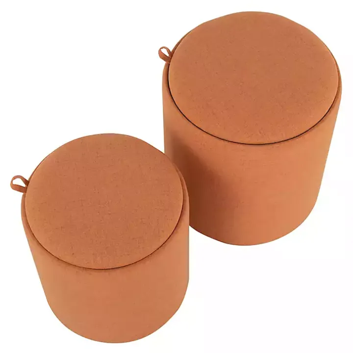 Rust Upholstered Ottomans with Tray Tops, Set of 2