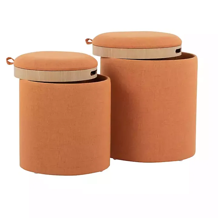 Rust Upholstered Ottomans with Tray Tops, Set of 2