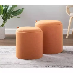 Rust Upholstered Ottomans with Tray Tops, Set of 2