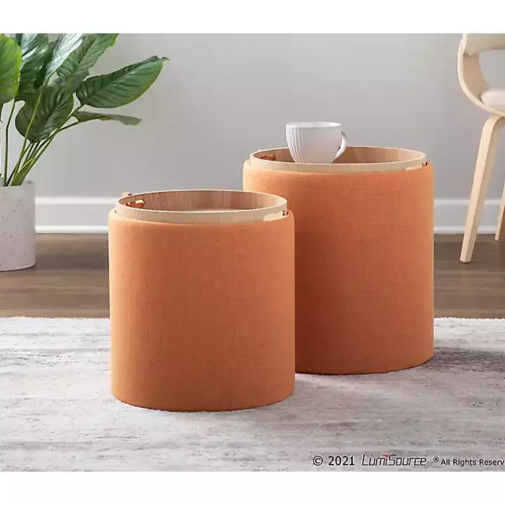 Rust Upholstered Ottomans with Tray Tops, Set of 2