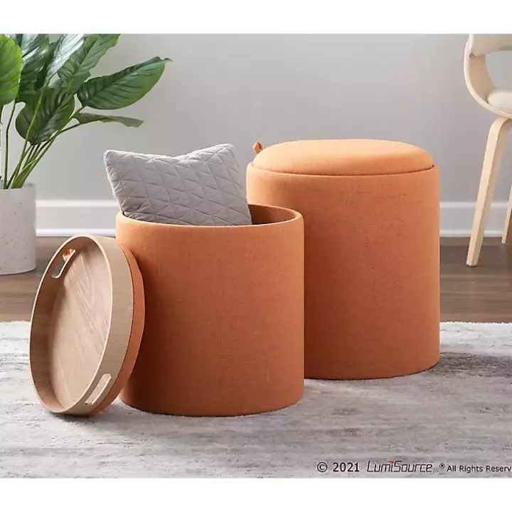 Rust Upholstered Ottomans with Tray Tops, Set of 2