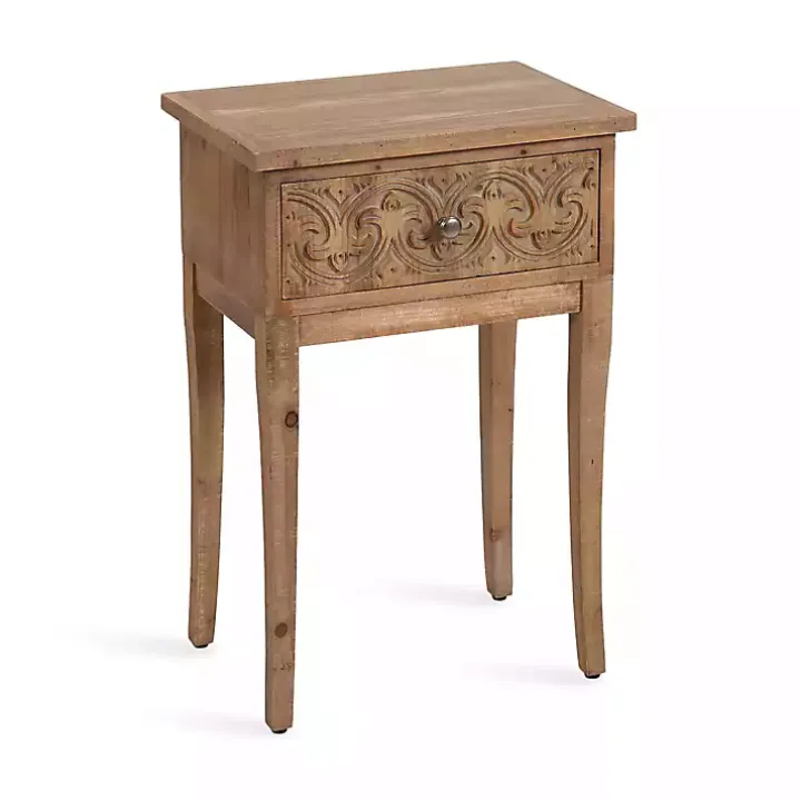 Rustic Brown Ornate Carved Wood Accent Table