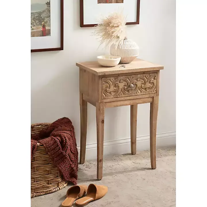 Rustic Brown Ornate Carved Wood Accent Table