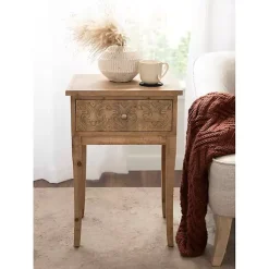 Rustic Brown Ornate Carved Wood Accent Table