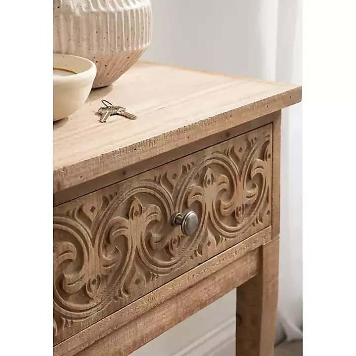 Rustic Brown Ornate Carved Wood Accent Table