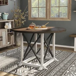 Rustic White & Oak Wood Round Dining Table