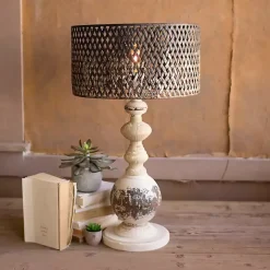 Rustic White Table Lamp with Woven Metal Shade