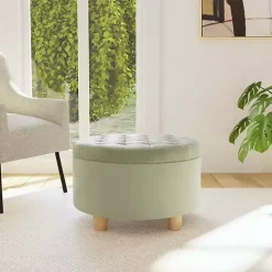 Sage Green Round Velvet Tufted Storage Ottoman