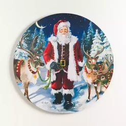 Santa with Reindeer Round Canvas Art Print