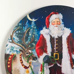 Santa with Reindeer Round Canvas Art Print