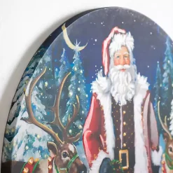 Santa with Reindeer Round Canvas Art Print